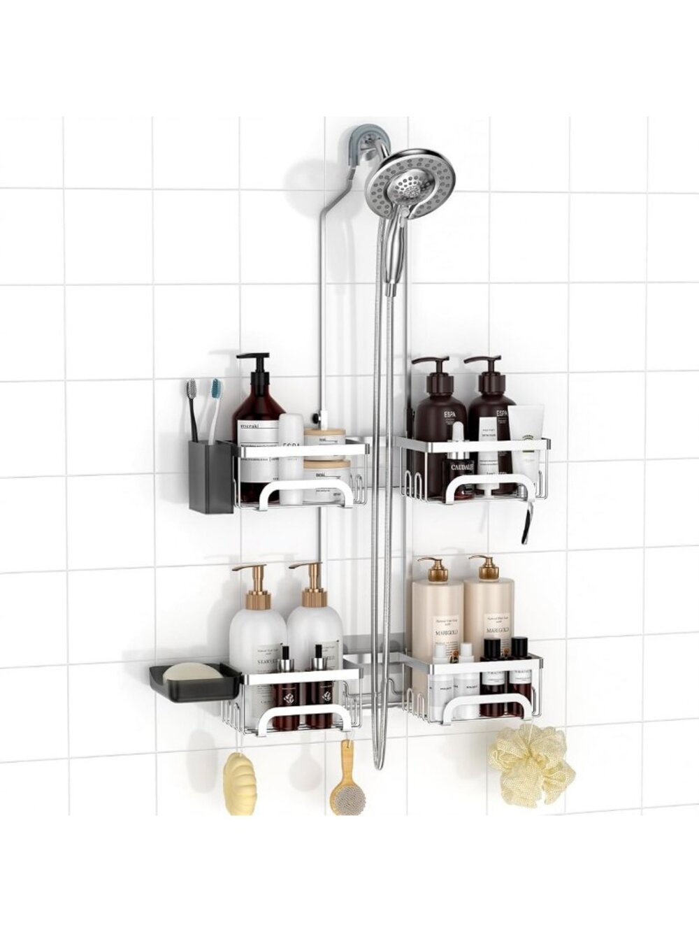 Hanging Split Shower Caddy for Handheld Showerheads - Silver Storage Organizer